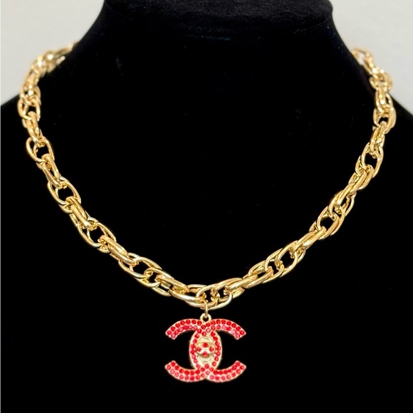 Gold Necklace with CC Stamped Pendant - Picture 1 of 4